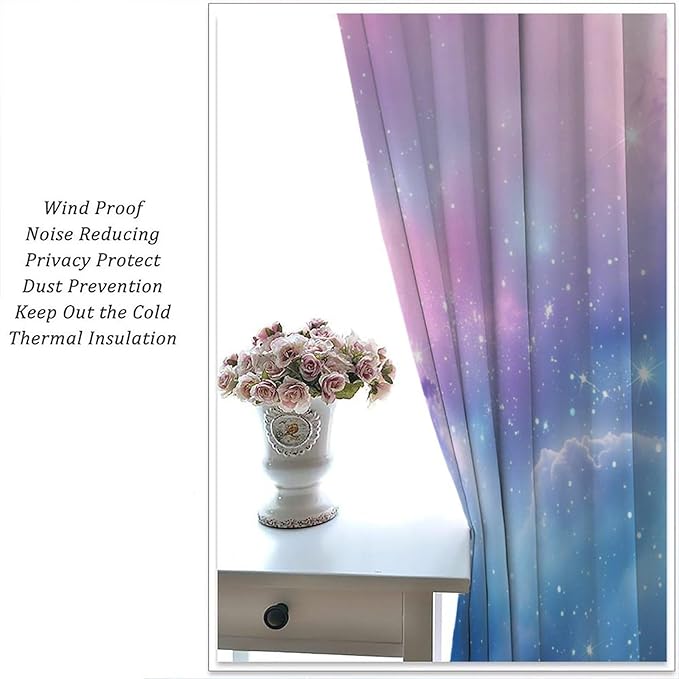 Starry Sky Galaxy Curtains, Outer Space Glitter Dreamy Gradient Romantic Blackout Window Curtains Drapes for Kids Girls Boys Adults Bedroom Nursery 42" W X 63" L