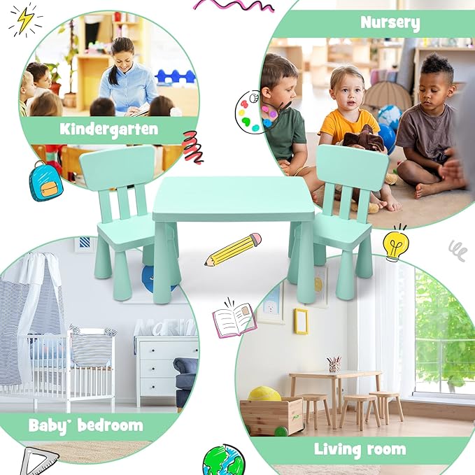 HONEY JOY Kids Table and Chair Set, Plastic Children Activity Table and 2 Chairs for Art Craft, Easy-Clean Tabletop, 3-Piece Toddler Furniture Set for Daycare Playroom, Gift for Boys Girls (Green)