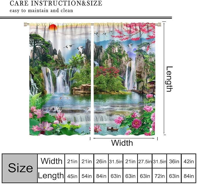 Waterfall Blackout Curtains, Forest Waterfall Rocky Lotus Fish Landscapes Print Window Drapes, for Living Room Bedroom 42" W X 54" L