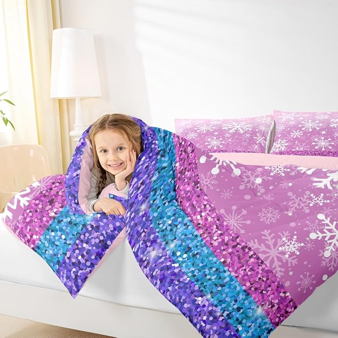 Feelyou Pink Snowflake Comforter Set Full Size Winter Snowflake Bedding Set for Kids Boys Girls Christmas Duvet Quilt Glitter Print Bedroom Decor Microfiber 3 Pcs with 2 Pillow Cases
