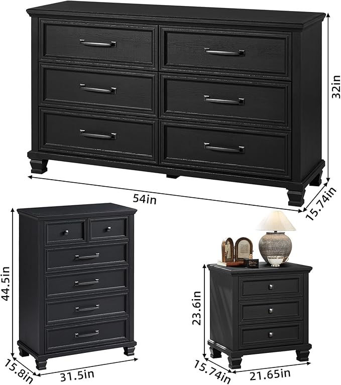 Farmhouse Bedroom Dresser and Nightstand Set of 4, 6 Drawer Tall & Low Dresser & 3 Drawer Nightstand Set with Wooden Legs, Rustic Wood Furniture Sets for Bedroom, Hallway, Black