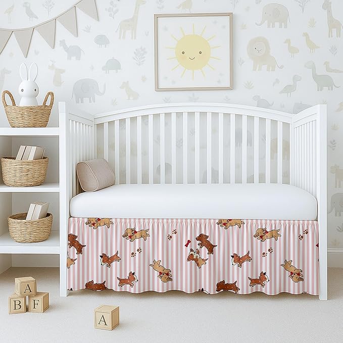 Cottington Lane Crib Skirt Dust Ruffle, 100% Natural Cotton, Soft, Durable Nursery Crib Toddler Bedding Skirt for Baby Girls or Boys, Fits Standard Cribs 28" x 52" with 14" Drop, Puppy Love