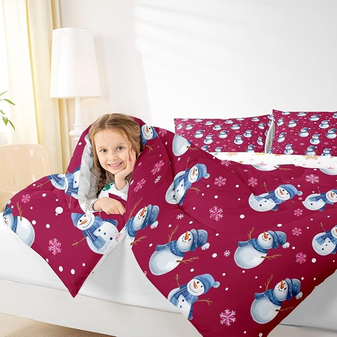 jejeloiu Kids Cute Winter Snowman Comforter Set Toddler Red Christmas Theme Bedding Set for Boys Girls Teens Xmas Snowflake Happy New Year Duvet Quilt Room Decor