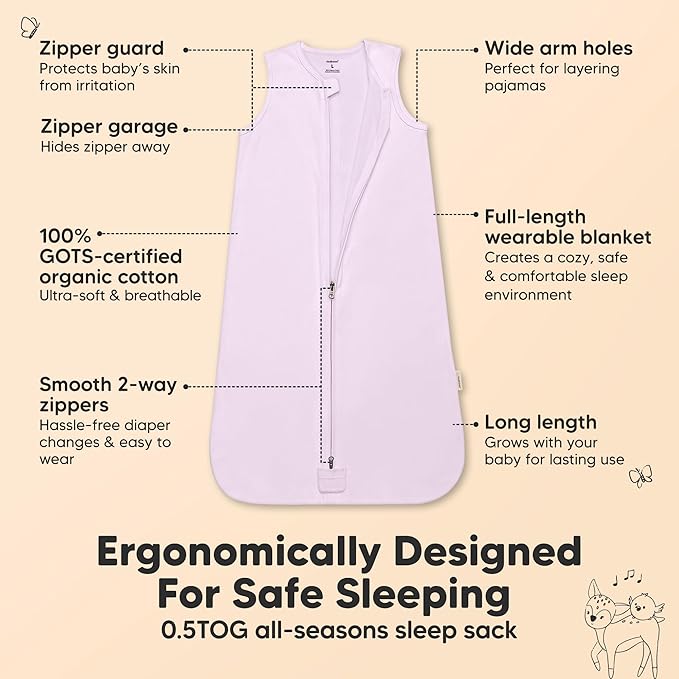 2-Pack Baby Sleep Sacks, Zipper Wearable Blanket - 0.5TOG Organic Cotton, Lightweight, Soft Cozy Infant Sleeping Sack 3-6 months, Easy to Wear Small Newborn Transition Swaddles Sleepsacks (Lilac)