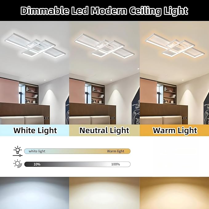 Modern Dimmable LED Ceiling Light Fixture,with Remote Control 3 Color Selectable Flush Mount Ceiling Lamp Ceiling Lights for Sitting Room Kitchen Bedroom(White, 43.3 * 23.6 * 2.5 in)