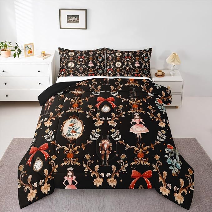 Feelyou Christmas Kids Comforter Set King Size Nutcracker Bedding Set Soldier Royal Guarder Princess Duvet Quilt for Kids Boys Girls Bedroom Flower Bow Decor Microfiber Ultra Soft Breathable