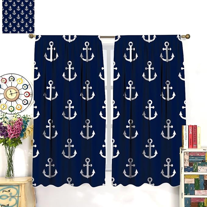 Nautical Costal Curtains,MarineThemed Oceanic Anchor Pattern Blackout Print Home Bedroom Living Room Window Treatments 2 Panel Set 42x54 Inch