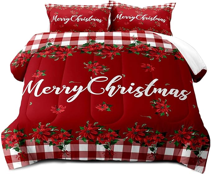 LUVIVIHOME 2PCS Christmas Comforter Set Twin Size, Farmhouse Bedding, Holiday New Year Xmas Floral Checkered Red Buffalo Plaid Bedding, Poinsettia Christmas Decorations, Xmas Gifts, 1 Pillow Case