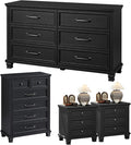 Farmhouse Bedroom Dresser and Nightstand Set of 4, 6 Drawer Tall & Low Dresser & 3 Drawer Nightstand Set with Wooden Legs, Rustic Wood Furniture Sets for Bedroom, Hallway, Black