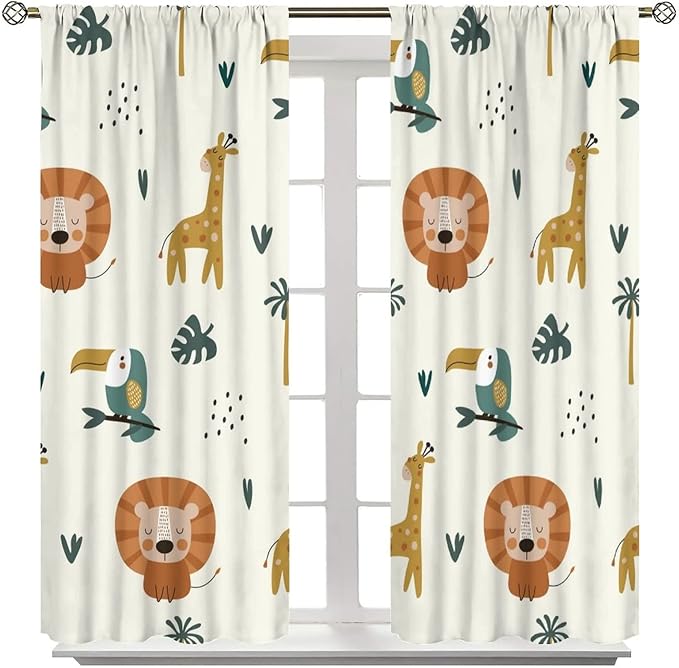 Cute Lion Window Curtains for Kids Bedroom,Cartoon Woodland Jungle Forest Wildlife Little Lion Giraffe Owl Palm Tree Printed Pattern Blackout Drapes for Living Room Baby Nursery Room 42x54 Inch