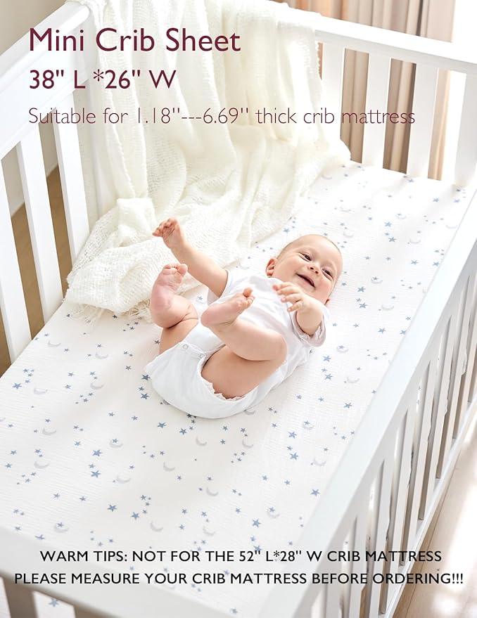 Momcozy Muslin Mini Crib Sheets Fitted - 38''x26'' Pack and Play Sheets for Pack N Play Mattress, 2 Pack Soft & Breathable Natural Cotton Non Slip Bed Cover for Boys, Girls, Blue Star Moon