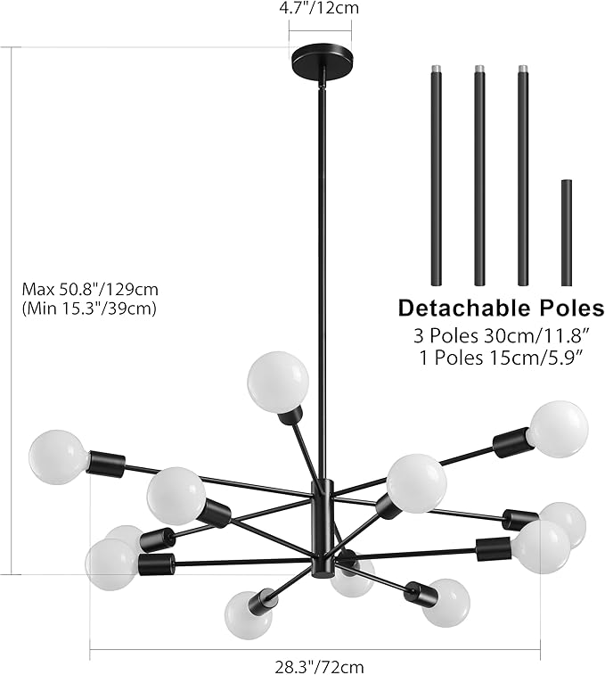 Modern Sputnik Chandeliers Light, 12-Light Black Chandeliers for Dining Room, E26 Height Adjustable Chandelier Ceiling Lighting Fixture for Farmhouse Kitchen Island Living Room Foyer