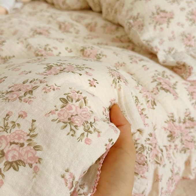BuLuTu Vintage Floral Queen Duvet Cover Cotton Muslin Comforter Cover with Ruffles, Soft Lightweight Gauze Bedding Quilt Cover 90"x90", No Pillow Case, Zipper & Corner Ties, Machine Wash