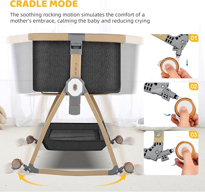 Bedside Bassinet,Bassinet Bedside Sleeper,3 in 1 Bedside Bassinet for Baby,Rocking Bassinet with Mattress,Mobile,Mosquito Net,Storage Basket,6-Height Adjustable Bassinet with Wheels for Newborn