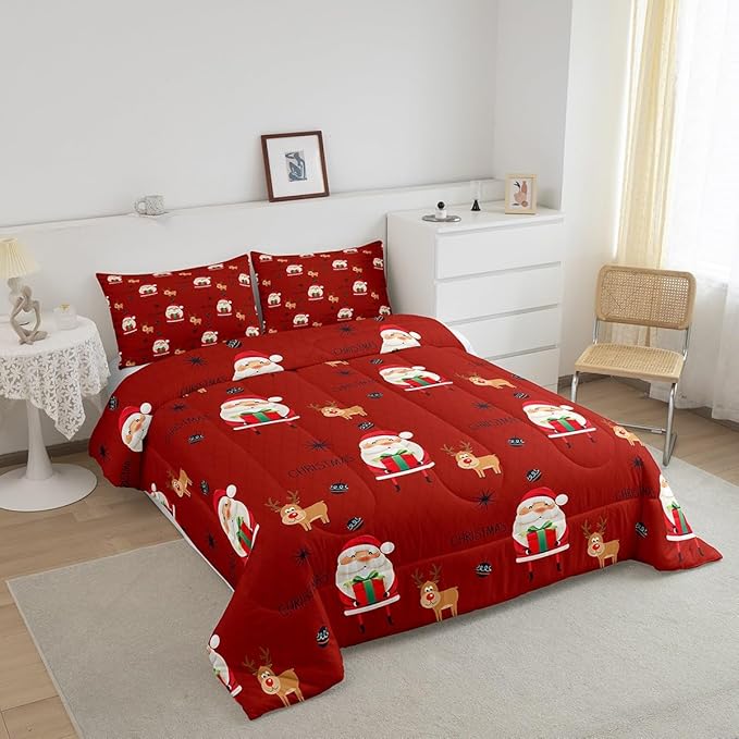 Feelyou Santa Claus Comforter Set Christmas Deer Decorations Bedding Set for Kids Boys Girls Winter Snowflake Comforter Merry Christmas Khaki Red Quilt Collection 3Pcs Queen Size
