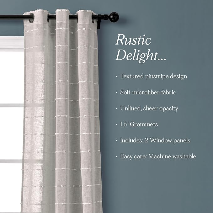 Lush Decor Farmhouse Textured Grommet Sheer Window Curtain Panel Pair, 38"W x 120"L, Gray