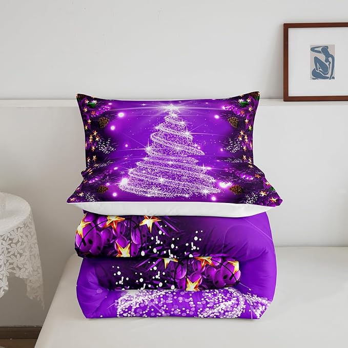 Feelyou Kids Merry Christmas Decorations Comforter Set, Kids Santa Tree Bedding Set Queen Size for Boys Girls Teens Xmas Christmas Bell Decor Comforter Glitter Purple Quilt Set