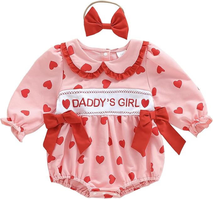 Amiblvowa Baby Girl Valentines Day Outfit Embroidery Love Heart Smocked Bubble Romper Bodysuit Cute Infant Newborn Clothes