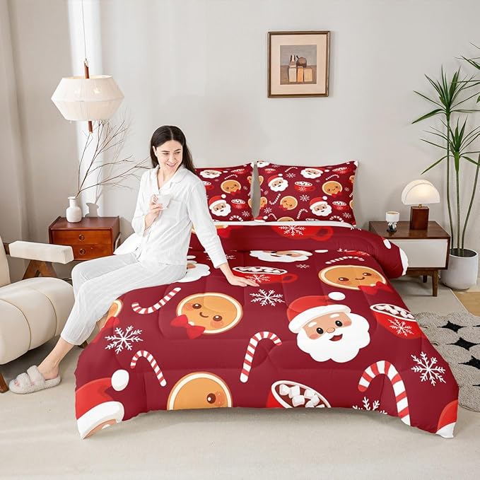 Feelyou Merry Christmas Comforter Set Queen Size Santa Claus Bedding Set for Kids Boys Girls Gingerbread Man Duvet Quilt Snowflake Bedroom Decor Microfiber 3 Pcs with 2 Pillow Cases
