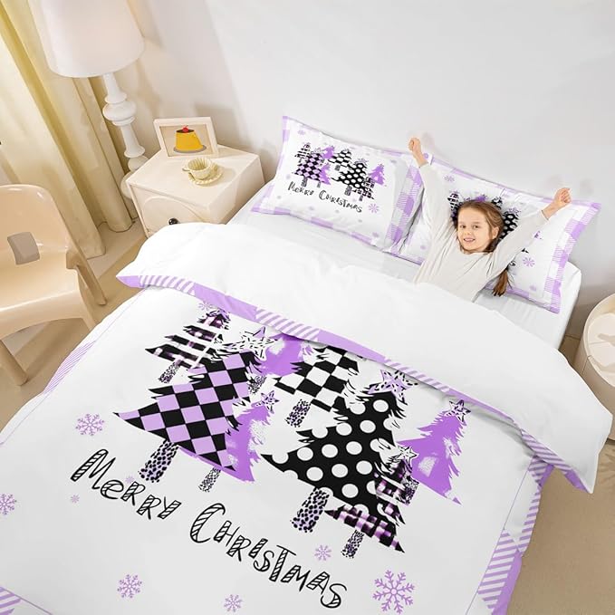 Manfei Xmas Trees Duvet Cover Set Queen Size, Purple Plaid Grid Snowflake Bedding Set for Kids Girls Room Decor, Christmas Theme Comforter Cover New Year Quilt Cover with 2 Pillowcases, No Comforter