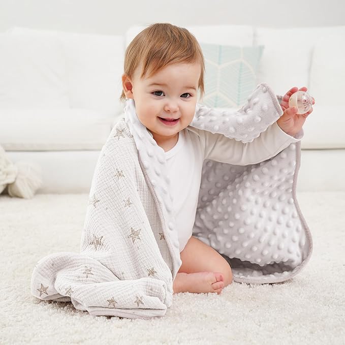 Susurration Baby Blanket for Unisex Boys Girls, Soft Nursery Minky Blanket with Muslin Cotton Front and Dotted Fleece Back, Receiving Blanket for Baby Newborn Infant, 30x40inch (Beige Star)