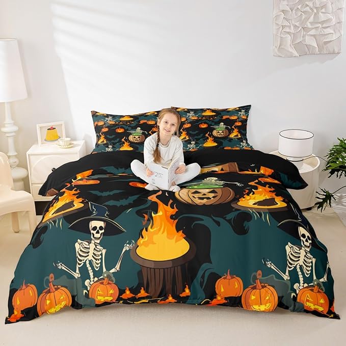 Feelyou Halloween Bedding Set for Kids Horror Skull Skeletons Comforter Cover Set Ghost Duvet Cover Pumpkin Lantern Bats Pattern Bedroom Decor Bedspread Cover Full Size Bedding Collection 3Pcs