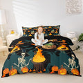 Feelyou Halloween Bedding Set for Kids Horror Skull Skeletons Comforter Cover Set Ghost Duvet Cover Pumpkin Lantern Bats Pattern Bedroom Decor Bedspread Cover King Size Bedding Collection 3Pcs
