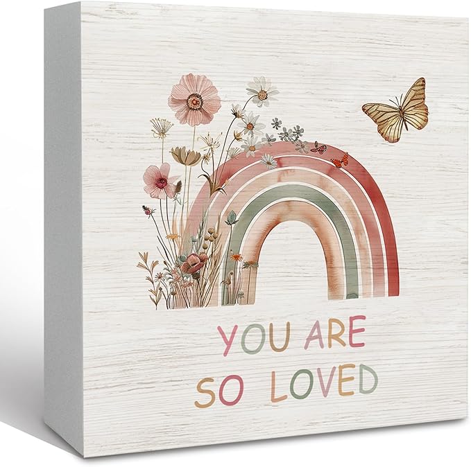 Boho Rainbow Sign for Kids Room, Nursery, Girls Room - You Are so Loved Inspirational Shelf Desk Decor 5x5 Inch