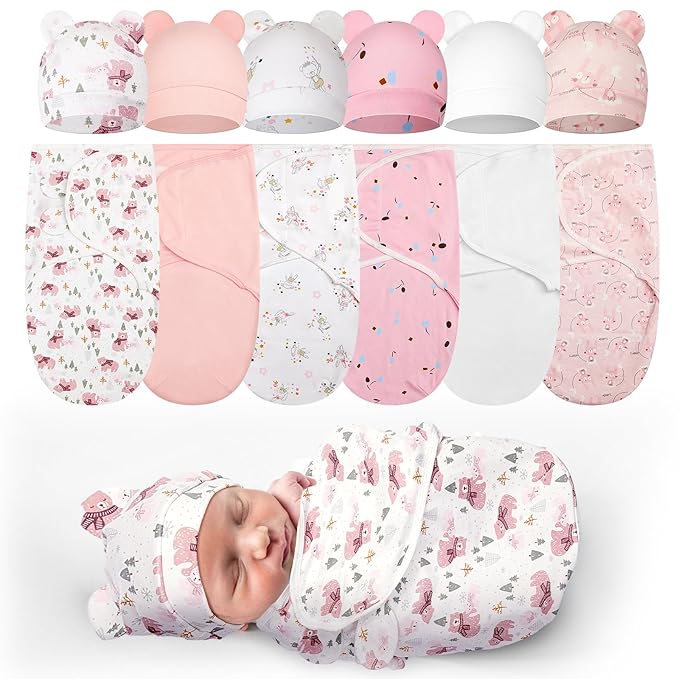 Ramede 6 Pack Preemie Swaddle Blanket with Hats Sleep Swaddle for Baby Boy Girl Preemie Newborn Sacks Soft Cotton Wearable(Bear,Pink)
