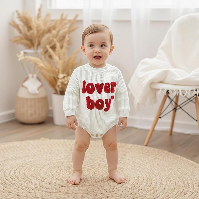 Lesimsam Newborn Baby Boy Girl Valentines Day Outfit Oversized Embroidery Long Sleeve Knit Sweater Bubble Romper Bodysuit