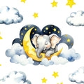 Boho Nursery Wall Decals - Dreamy Watercolor Elephant Sleeping on Cloud | Multi-Piece Set with Clouds, Moon & Stars | Removable Fabric Wall Art for Kids Room