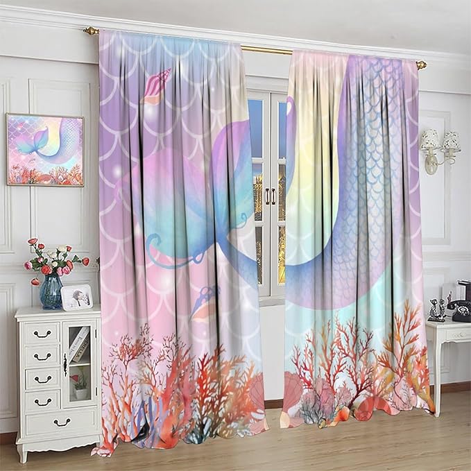 Dream Mermaid Curtains Colorful Mermaid Fish Tail Scale Fantasy Ocean Theme Beautiful Kids Window Treatment for Girls Bedroom Nursery Room Decor Rod Pocket Window Drapes 72x63in