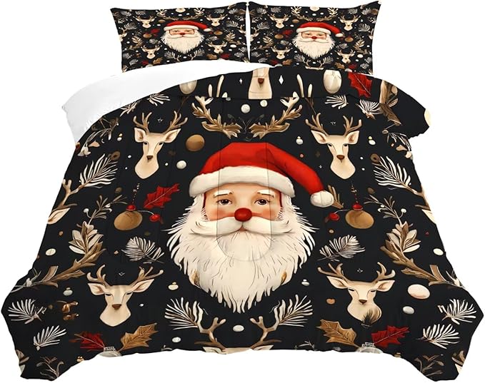 Black Christmas Comforter Set King Size Santa Claus Bedding for Girls Teen Women Xmas Reindeer Holiday Bedroom Quilt Bed Sets, 1 Comforter 2 Pillowcases