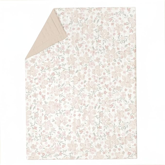 MakeMake Organics Organic Baby Comforter GOTS Certified Organic Kids Blanket Cotton Infill Tufted - Reversible Ultra Soft Breathable Boys Girls (30"x40", Blossom + Solid Taupe)