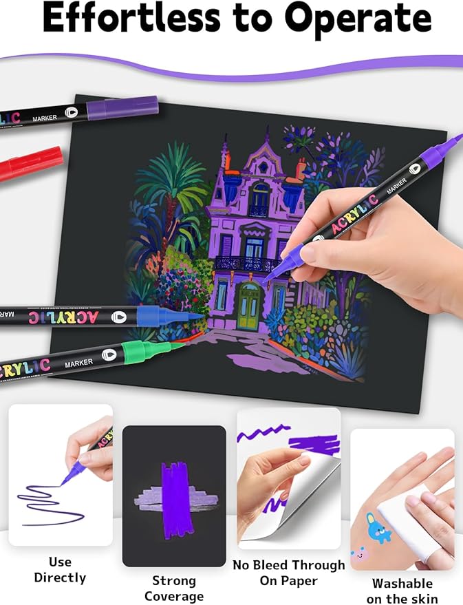 120 Colors Acrylic Paint Markers with 60 Dual-Color Brush Tips, Double Tips Acrylic Paint Pens for Rocks, Eggs, Wood, Rock, Canvas, Plastic, Glass, Ceramic