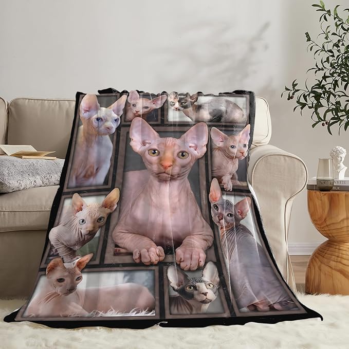 Tijuboni Sphynx Cat Throw Blanket Cat Gifts for Girls Boys Women Men Kids Adults Soft Flannel Fleece Blanket for Couch Sofa Bed Home Decor 50"x60"