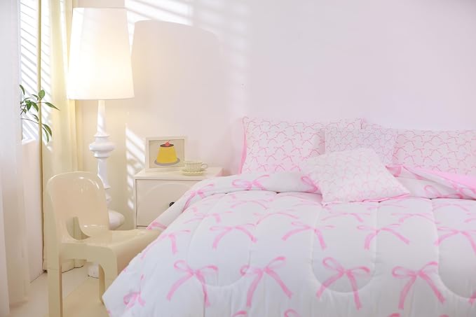 7 Pieces Cartoon Bowknot Kids Comforter King,Pink Bow Tie Butterfly Knot Princess Bedding Set,Watercolor Bow Patchwork Pink White（Comforter+Fitted+Flat Sheet+2 Pillowcases+2 Throw Pillow Covers）