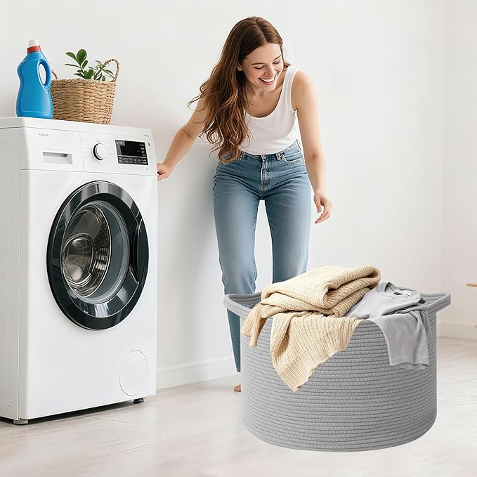 Large Blanket Basket for Organizing,65L Closet Organizers and Storage Bins Box for Shelves Woven Rope Storage Baskets,Living Room,Bedroom,Dorm,Laundry room (Light Grey)