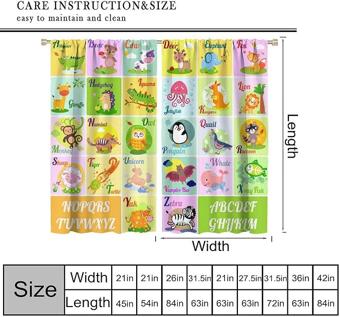 Kids Alphabet Letter Curtains Funny Education School Cute Cartoon Animal Printed Curtain with Rod Pocket for Bedroom Living Room Home Drapes Window Treatments 2 Panels Set 84" W X 84" L