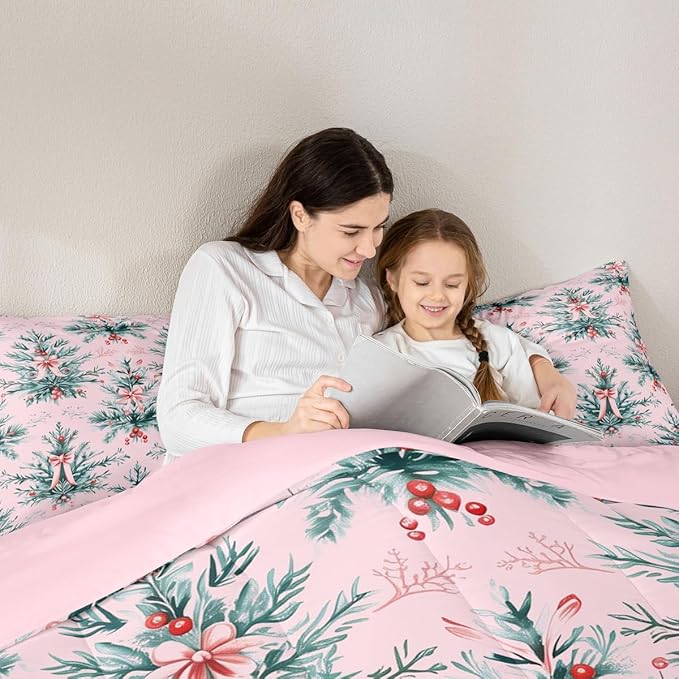 Feelyou Merry Christmas Kids Comforter Set King Size Green Xmas Tree Bedding Set Pink Bow Duvet Quilt for Kids Boys Girls Bedroom Decor Microfiber Ultra Soft Breathable