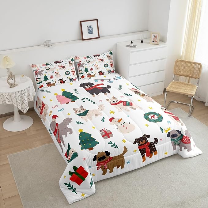 Erosebridal Merry Christmas Quilt King Size Cartoon Dog Comforter Set for Teens Kids Boys Xmas Tree Snowman Bedding Set Cute Pug Puppy Animal Duvet Insert with 2 Pillow Cases