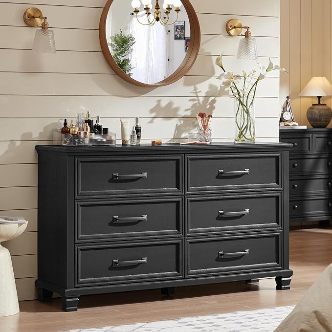 Farmhouse Black Bedroom Sets of 4, Includes 6 Drawer Large Dresser, Vintage Night Stand with 3 Drawers, Small 5 Chest of Drawers, Wood Rustic Dresser & Nightstand Set for Bedroom, Home