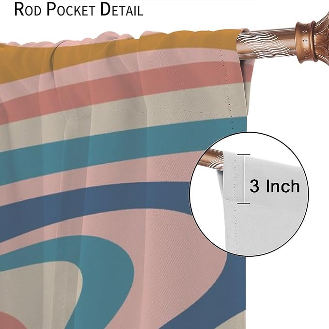 70S Abstract Wavy Swirl Curtain for Bedroom Windows,Retro Boho Minimal Teen Girls Kids Living Room Restroom Window Treatments Drapes 55" W X 63" L