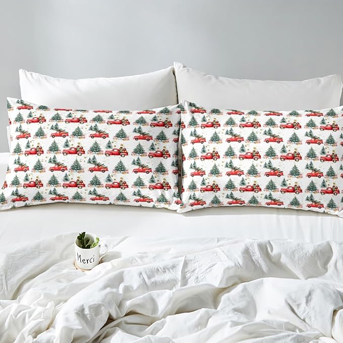 Feelyou Christmas Duvet Cover Boys Christmas Tree Bedding Set for Kids Teens Ultra Soft Cartoon Car Comforter Cover Set Watercolor Xmas Theme Bedspread Cover Room Decor Toddler Size Bedclothes Zipper