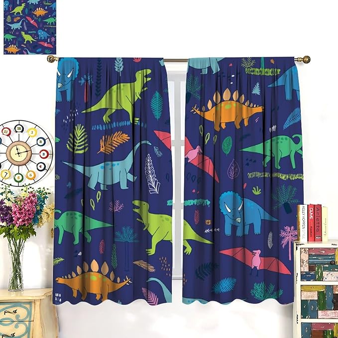 Dinosaurs Blackout Curtains Cute Cartoon Animals Dino Tropical Plant Colorful Art Print for Kids Boys Bedroom Living Room Rod Pocket Decoration Window Drapes 2 Panels W21xL63in