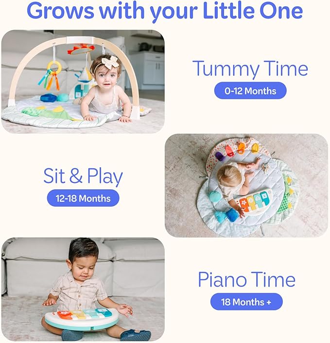 Move2Play, Montessori Inspired Wooden Kick & Play Baby Gym | Musical Piano | Thick + Soft Floor Mat | Tummy Time Activity Center | Play Mat for Newborns & Infants | Toys for Ages 0-6+ Months