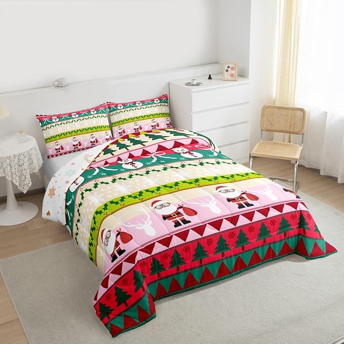Feelyou Merry Christmas Tree Bedding Set Soft for Boys Girls, Cute Snowman Comforter Set Twin Size Santa Claus Duvet Quilt Microfiber Cartoon Bowknot Bedroom Decor 2 Pcs with 1 Pillow Cases