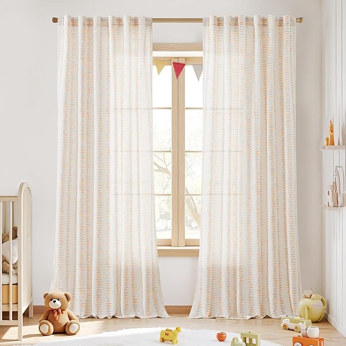 jinchan Linen Nursery Curtains for Living Room Boho Curtains for Bedroom Kids Room 96 Inches Long Pink Geometric Printed Farmhouse Drapes Rod Pocket Window Treatment Curtain Set of 2 Panels Peachy
