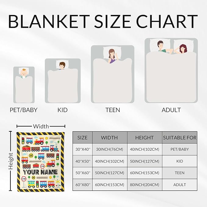 Personalized Train Throw for Adults - 60" x 80" Inches Cute Train Blanket Gift for Boys - Yellow Soft Cozy Throw Blanket for Bed, Couch, Travel