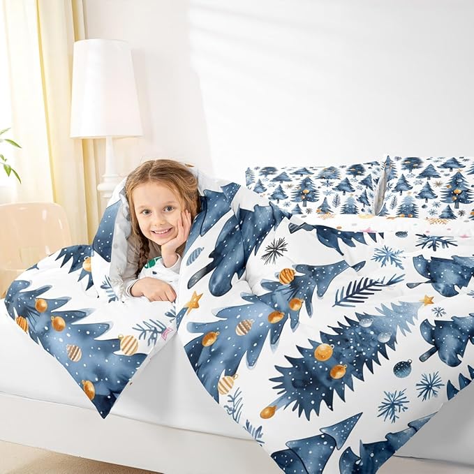 Feelyou Christmas Kids Comforter Set Twin Size Xmas Tree Bedding Set Snowflake Duvet Quilt for Kids Boys Girls Bedroom Watercolor Blue Decor Microfiber Ultra Soft Breathable